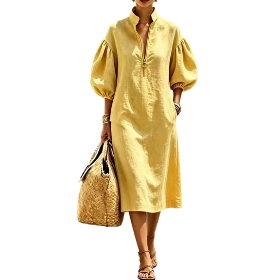 Stralyhd Dresses for Women Stand Collar Half Front Zipper Balloon Sleeve Dresses 2026 Summer Linen Beach Vacation Flowy Midi Dress Yellow M