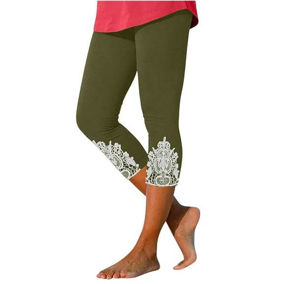 REALiKUN Leggings for Women Lace Capri Leggings Slim Fit Yoga Pants Soft Lace Hem Stretch Crop Tights for Workout
