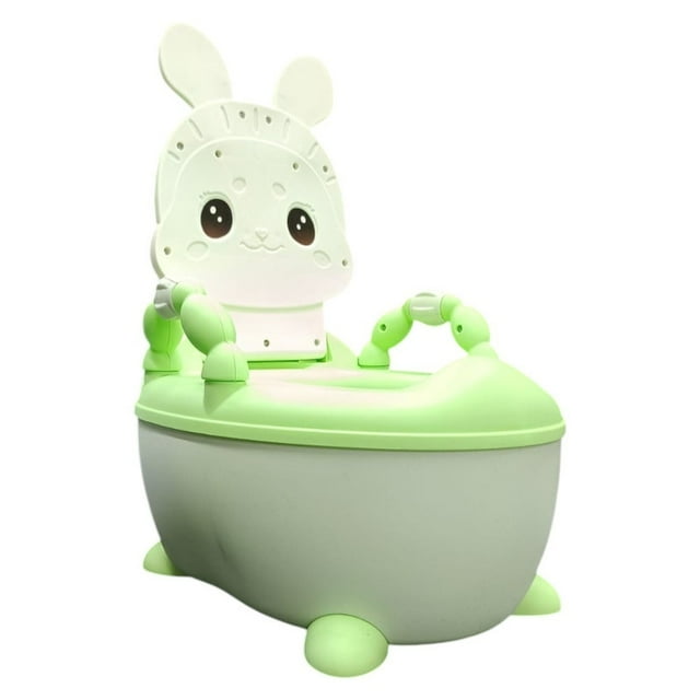 bañito entrenador verde de conejito LUCY TOYS con orinal extraíble y asiento ergonómico, vista 3/4 frontal con tapa con diseño de conejito, agarraderas laterales tipo manija, base con patas antiderrapantes y asiento cómodo; también se usa a veces como asiento infantil portátil para cambios rápidos en casa.