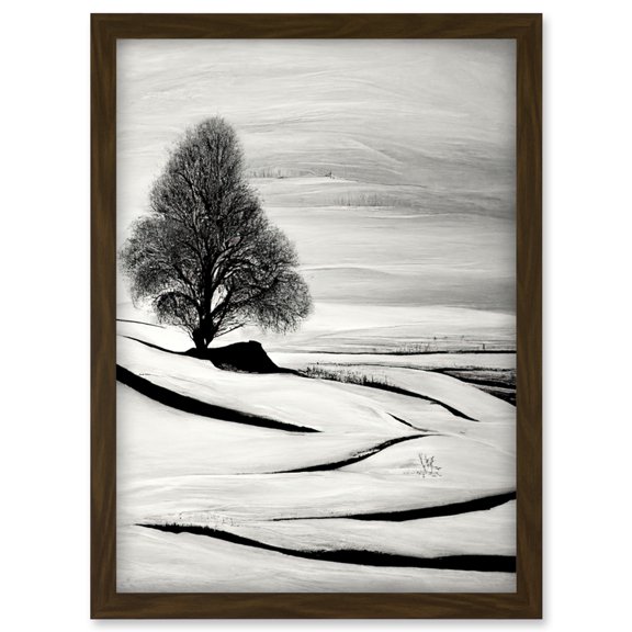 Lone Tree Winter Landscape Illustration Black White Artwork Framed Wall Art Print A4