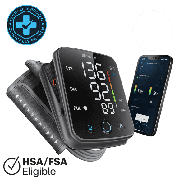 Oxiline Pressure XS Pro Smart Upper Arm Blood Pressure Monitor with Premium Wide Range Cuff, Body Movement Detection, Wrap Indicator, Bluetooth Compatible for iOS & Android Devices