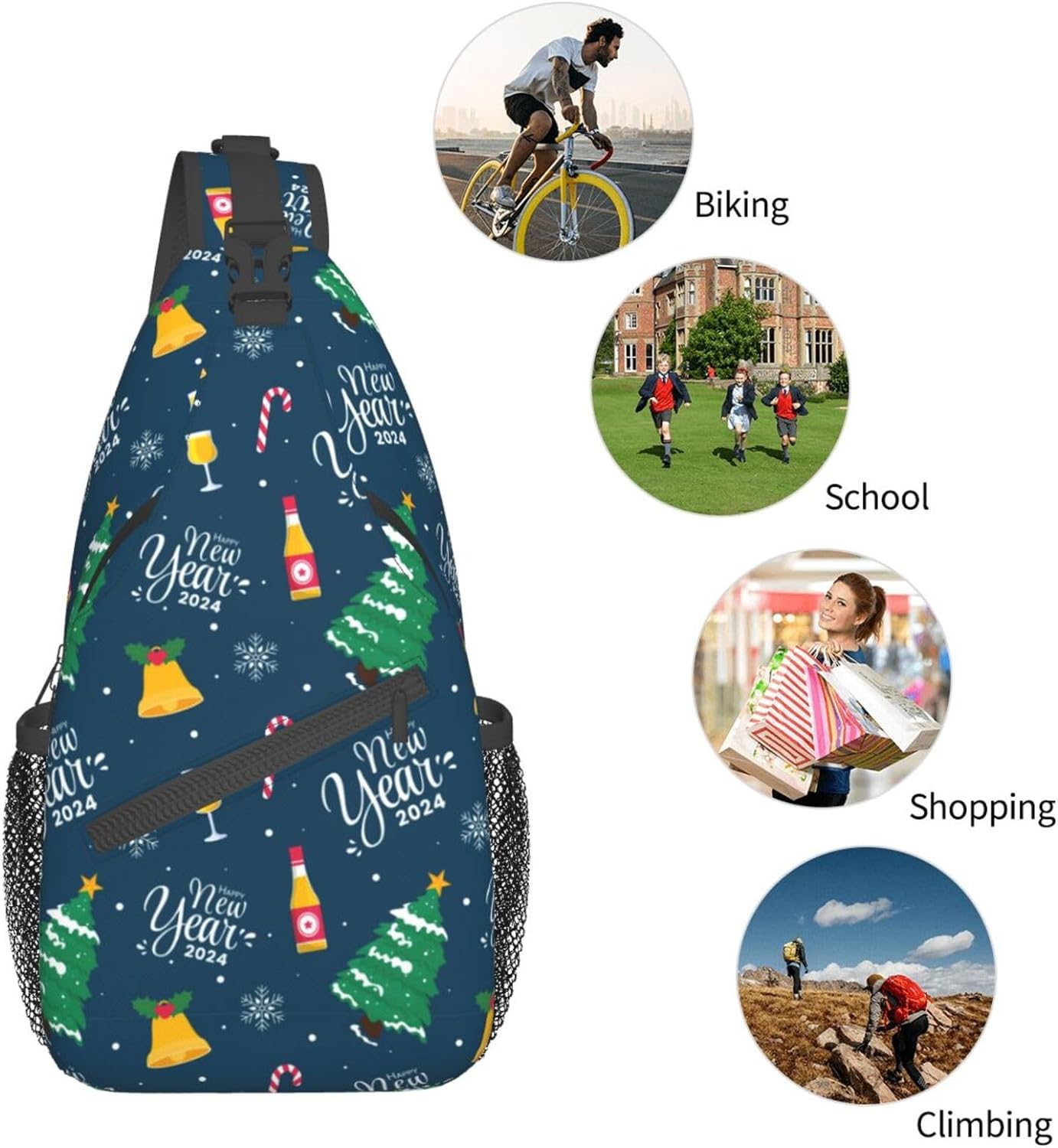 Happy New Year 2024 Sling Bag Crossbody Hiking Travel Chest Bags Backpack Shoulder Daypack for Women Men