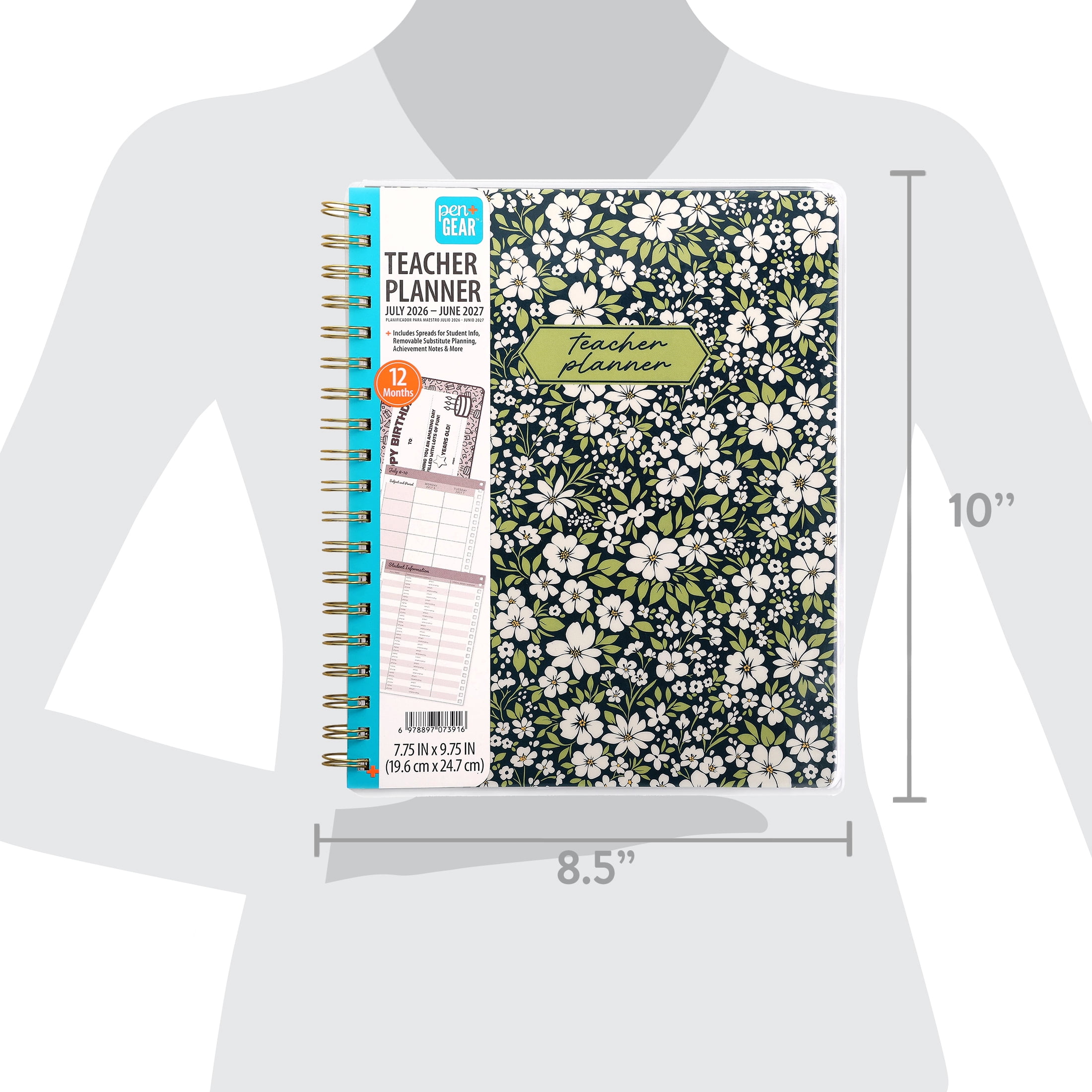 Pen+Gear 12-Month Monthly Teacher Planner, July 2026-June 2027, Dark Navy Floral, 7.75" x 9.75"