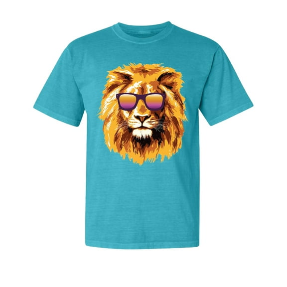 Wild Bobby, Lion With Sunglasses, Animal Lover, Garment-Dyed Washed Look Short Sleeve T-Shirt, Blue Lagoon, Small