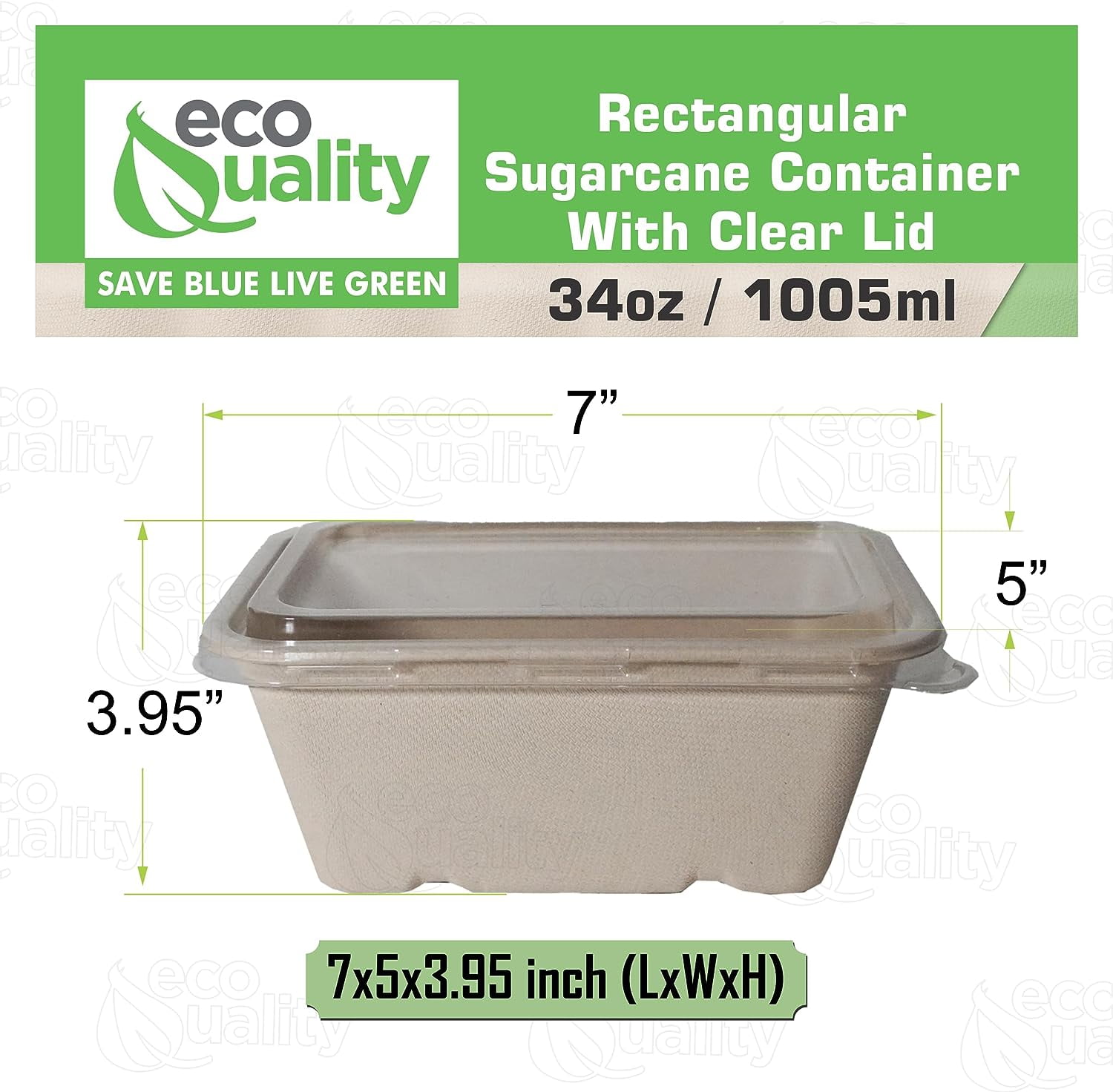 EcoQuality 34oz Disposable Bowls with Clear Lids - Rectangular Compostable Sugarcane Fiber Biodegradable Paper Bowls Eco-Friendly Take Out Food Storage Containers, Microwave Safe, Meal Prep (200 PACK)