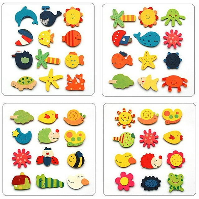 12 unids/set bebé lindo imán de nevera de madera de dibujos animados animales juguetes educativos para niños (aleatorio)