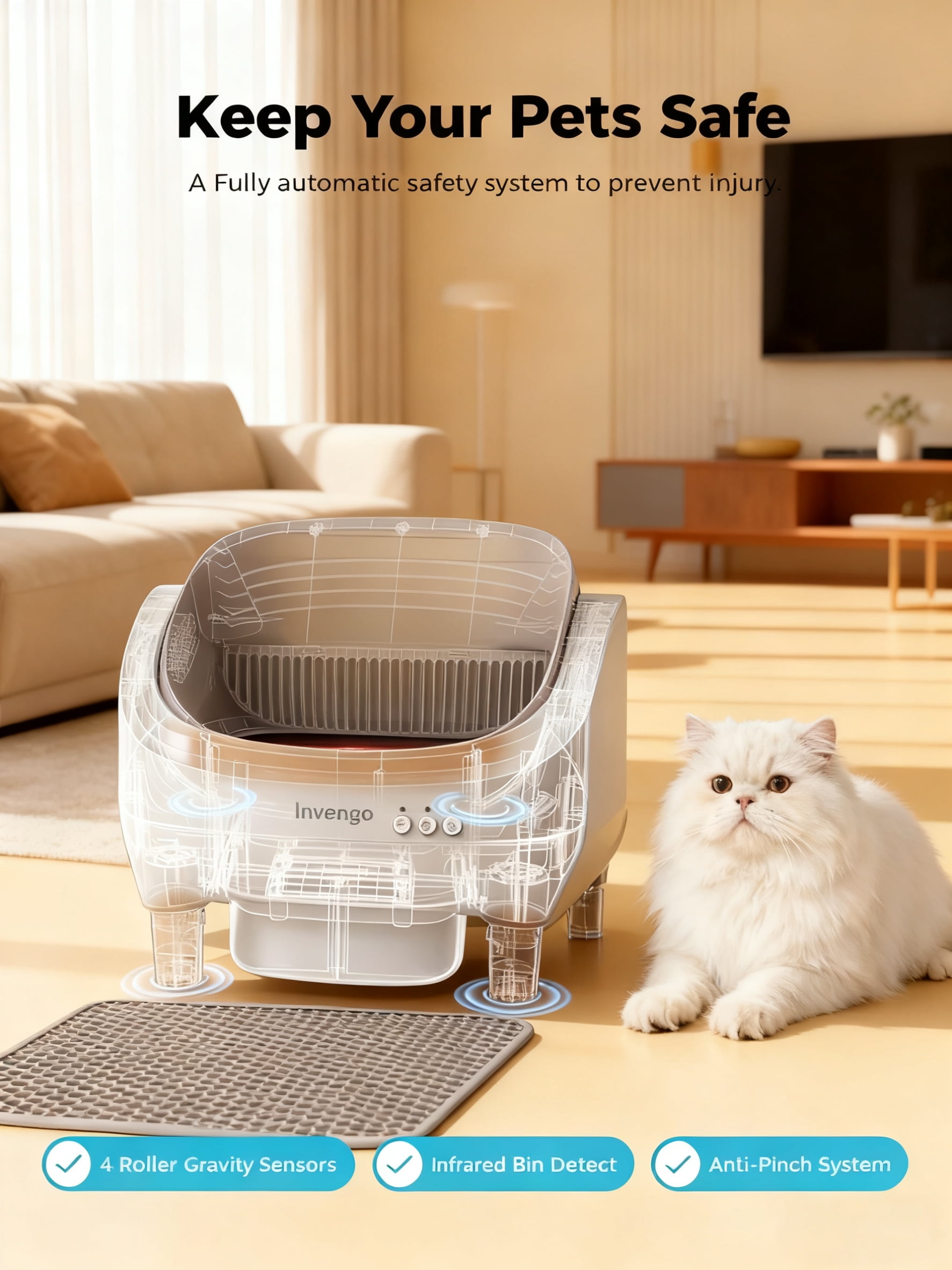 Automatic Open-Top Self-Cleaning Cat Litter Box -App Control, Safe Alert, Smart Health Monitor, Includes 2 Liners & Mat, Multi-Cat Friendly, Champagne