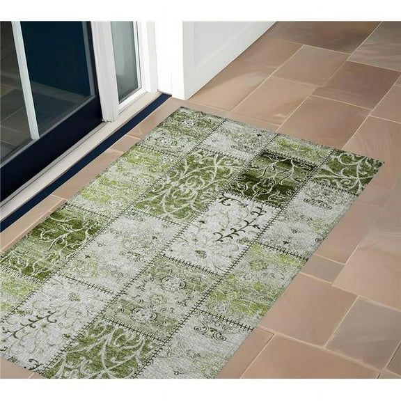 HomeRoots 563556 2 x 3 ft. Green Patchwork Washable Non Skid Indoor Outdoor Rectangle Machine Woven Area Rug