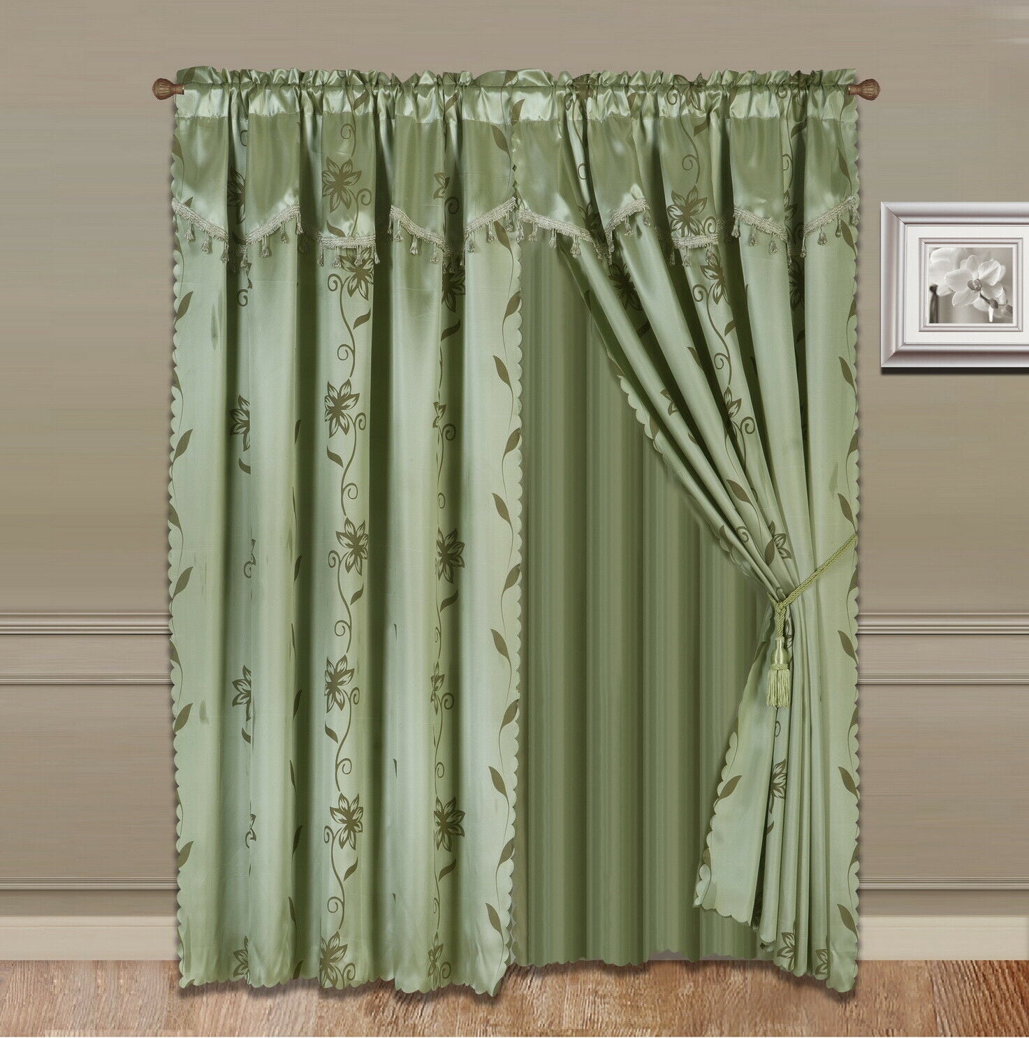 Nada 8Piece Solid Sage Green Elegant Rod Pocket Window Curtain Panel