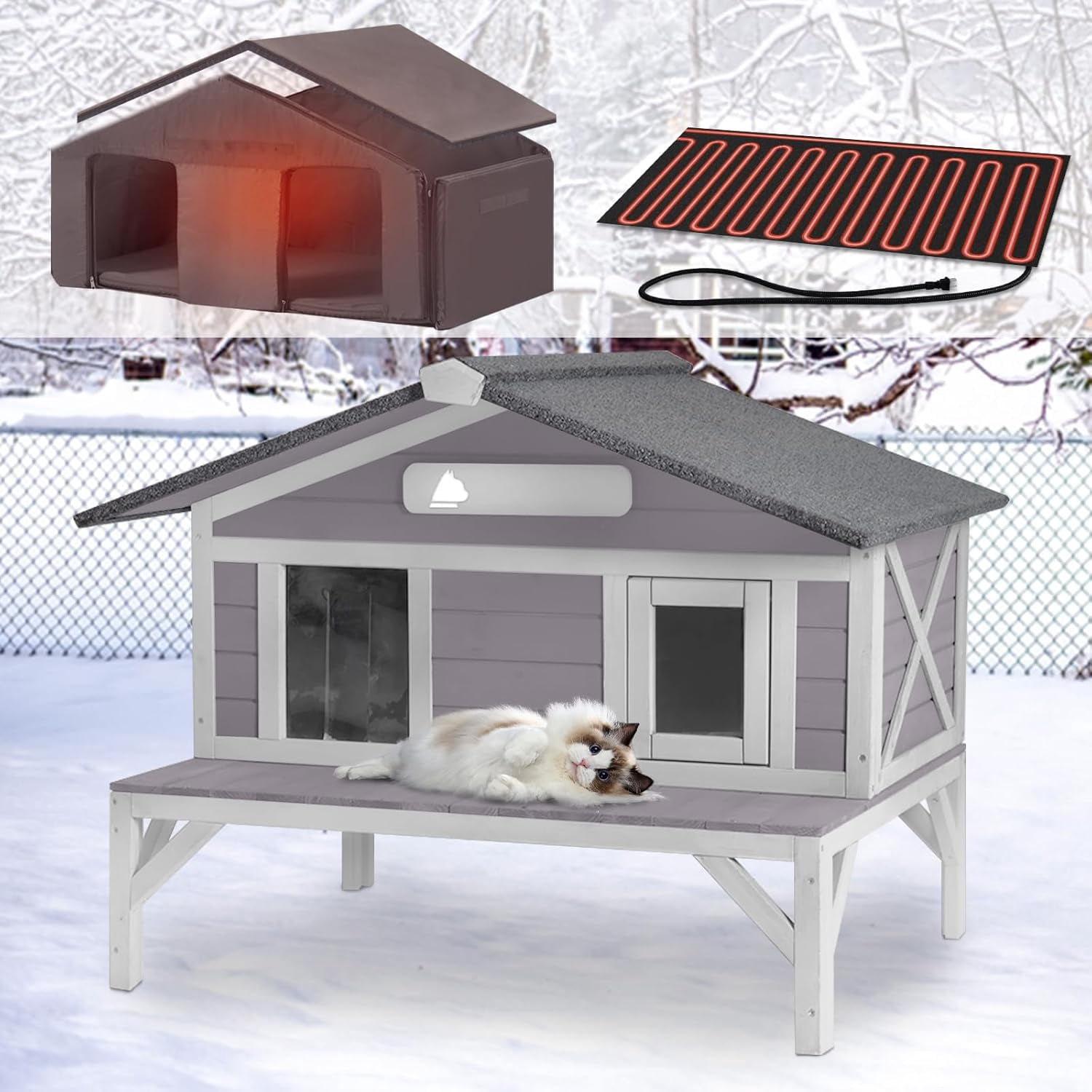 Aivituvin Heated Cat House for Outside Large Outdoor Insulated Cat House Weatherproof Feral Cat Shelter with Heated Pad, Insulated All-Round Thermal Liner, Chewproof Cable for 1-4 Cats (Winter-Ready)