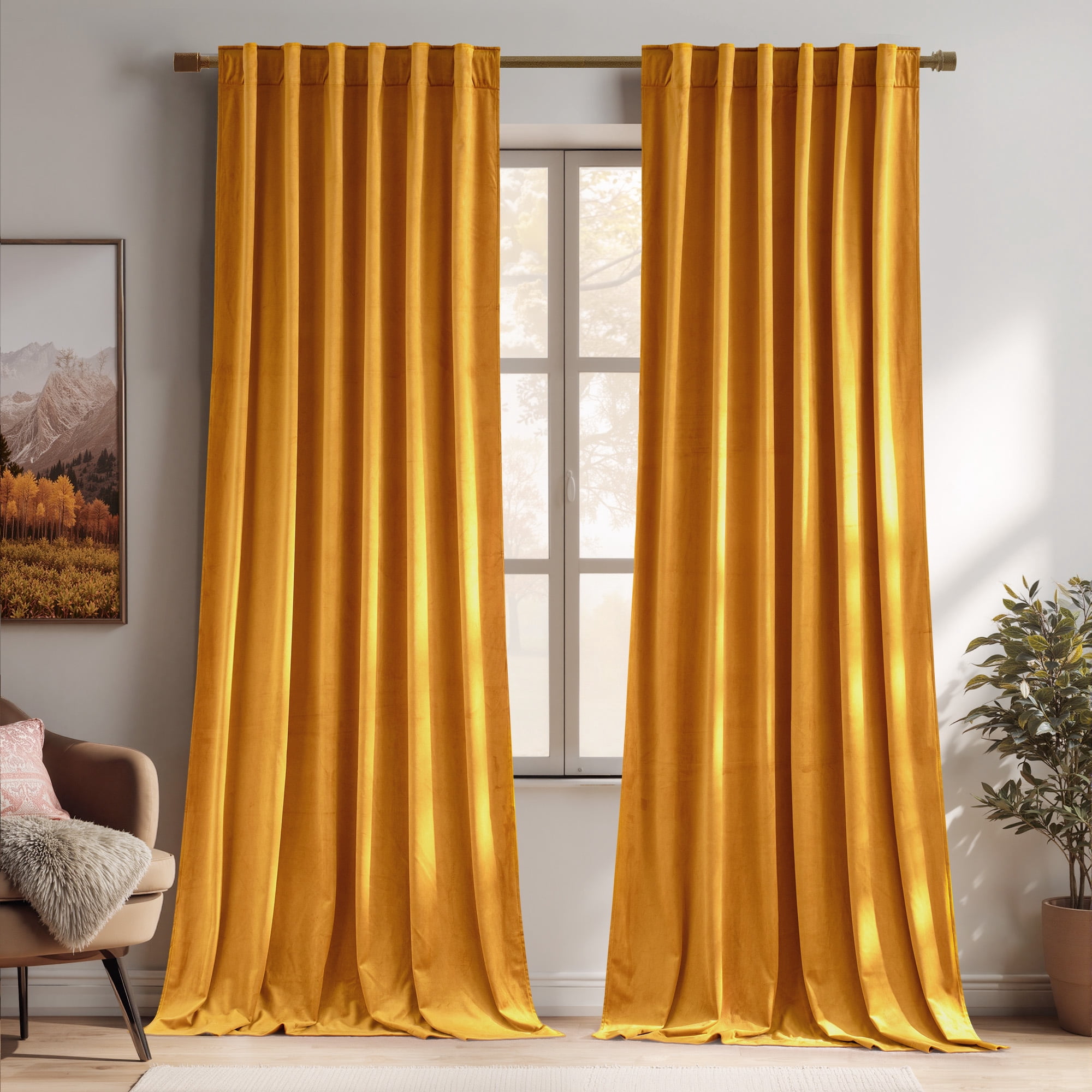 NICETOWN Fall Gold Velvet Curtains for Bedroom, Soft Luxury Velvet Drapes Thermal Insulated Room Darkening Rod Pocket & Back Tab Curtains Drapes Panels, 52"x 96", 2 Panels