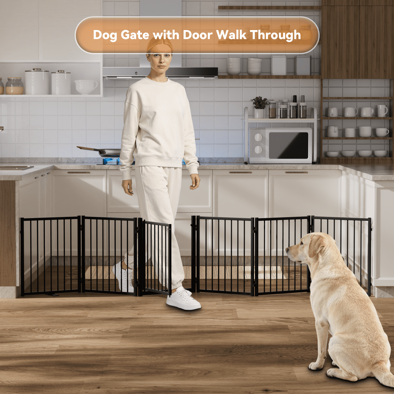 24''Height Full Matel Freestanding Dog Gate with Door, 6 Panels Extra Wide Free Standing Tall Dog Gates for Doorways,House,Stairs,Porch,Deck,Yard