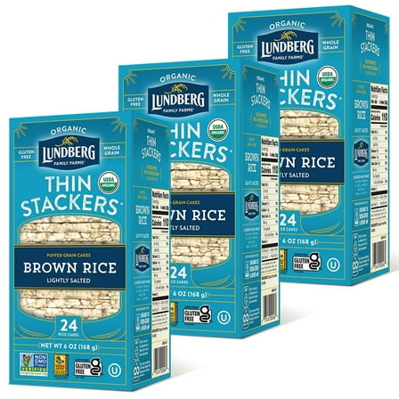 Lundberg Thin Stackers - Rice Cakes, Organic Brown Rice Lightly Salted, Healthy Snacks for Adults and Kids, Low-Calorie Snacks, Organic Snacks, Vegan, 6 Oz Pack of 3