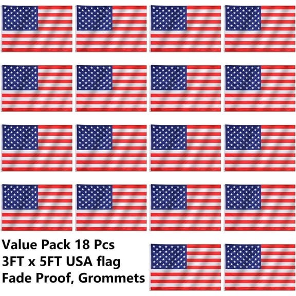 18 Pieces 3x5 ft American US Flag Bulk, Waterproof USA Polyester Flag with Metal Grommets, Double Stitched and Fade Proof for Indoor and Outdoor, Independence Day Memorial Day and Labor Day