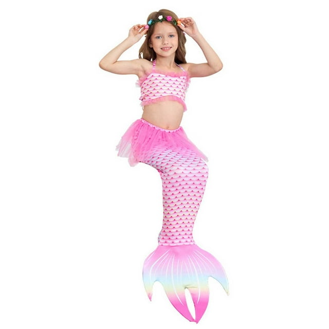 Kids Girls Summer Bathing Beach Suits 3 Pieces Swimwear With Tail Fish Scale Print Ruffle Bikini Swimsuit Spring Swimsuits Clothes 6-7T