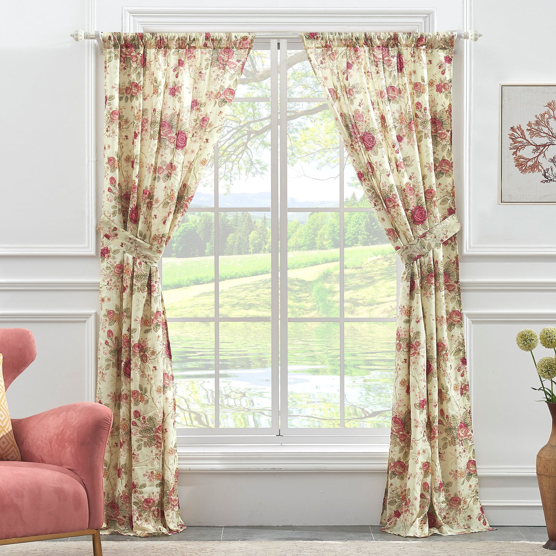 Greenland Home Fashions Antique Rose Curtain Panels, Ecru, Set of 2, 42 W x 84 L (x2), with Tiebacks