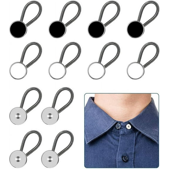 12pcs, Collar Extenders, Comfy & Premium Invisible Neck Extender, Adds 1 in Instantly, Button Extenders for Mens Dress Shirts Suits Trouser, Coat, Shirts (Black, White, Silver)