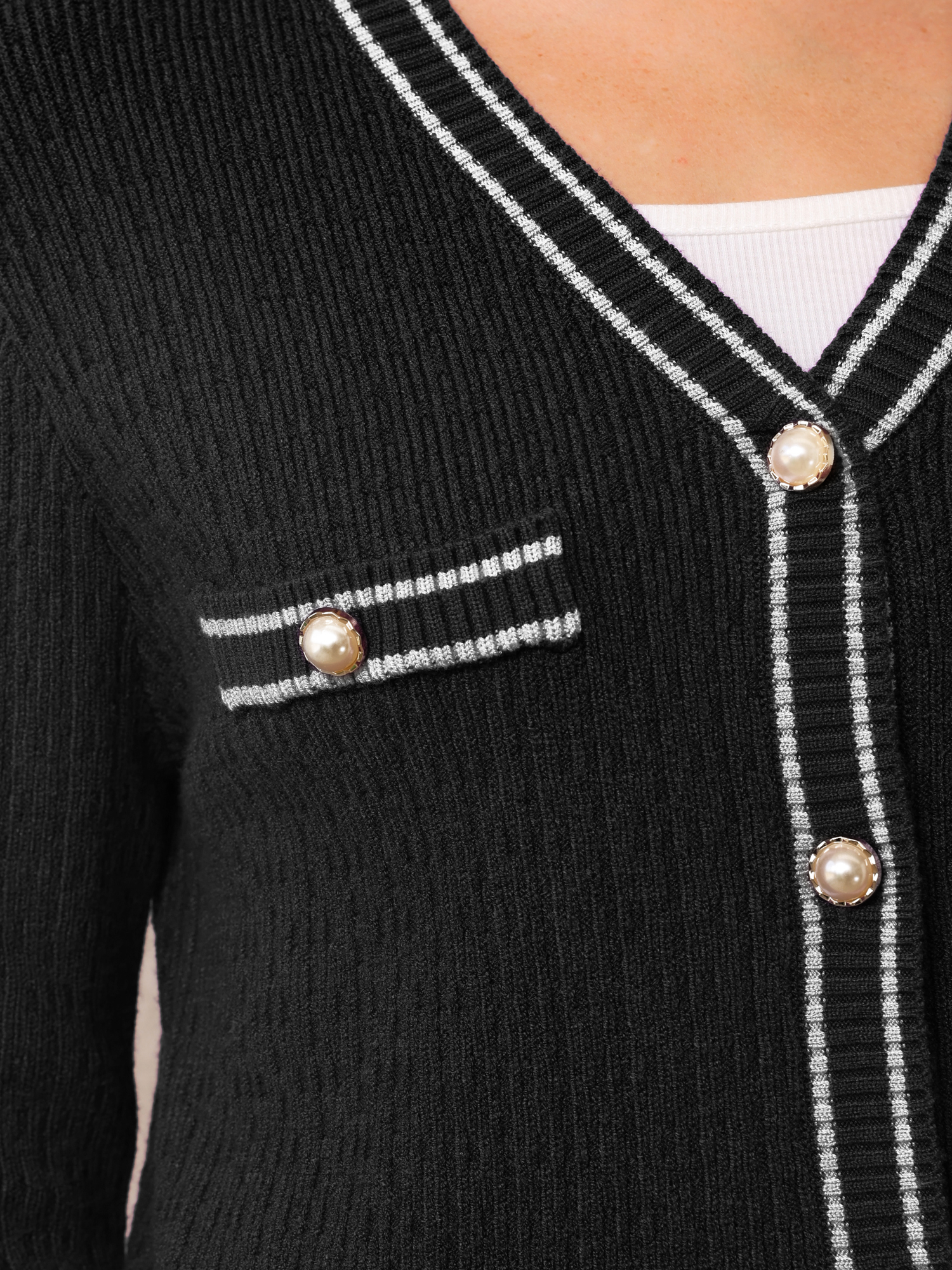 DARING DIVA Women's Contrast Trim Knit Ribbed Cardigan Sweater S Black