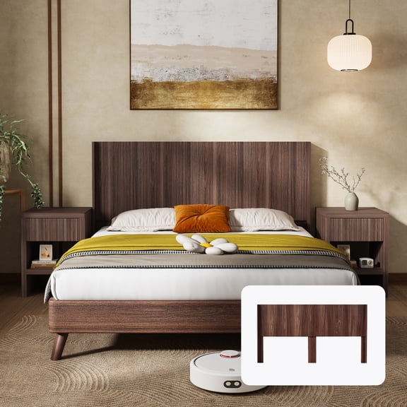 Walnut Modern Farmhouse Wood Headboard – King Size 80.2" Wide, Wall-Mounted Fluted Wingback Design for Bedroom