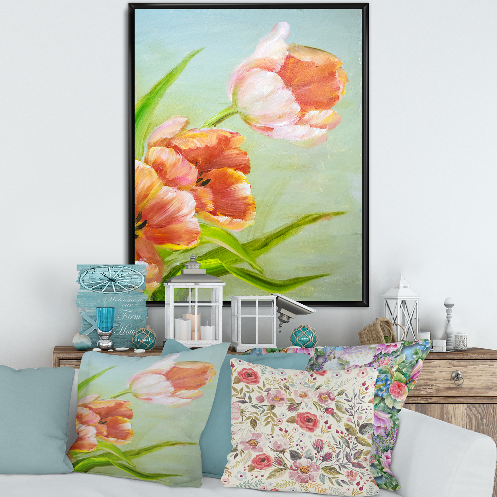 Designart 'Ancient Red Tulips Flowers I' Traditional Framed Canvas Wall Art Print