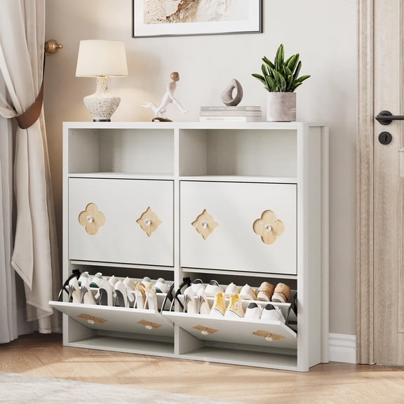White Shoe Cabinet with 4 Flip Drawers, Shoe Storage Cabinet with Adjustable Shelves & Open Storage, Flower Pattern & Diamond Handle, Freestanding Slim Wooden Shoe Rack Cabinet for Entryway, Hallway