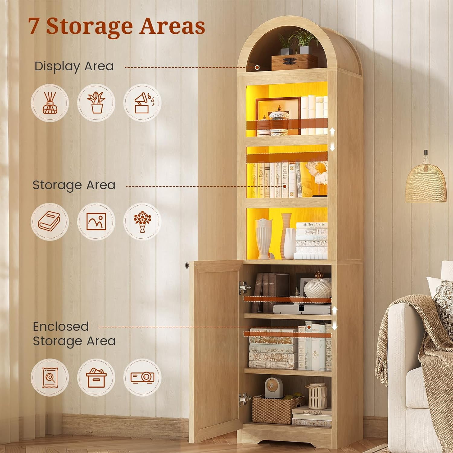72" Tall Arched Narrow Bathroom Storage Cabinet with Lights, Slim Storage Cabinet with Adjustable Shelves for Small Spaces, Oak