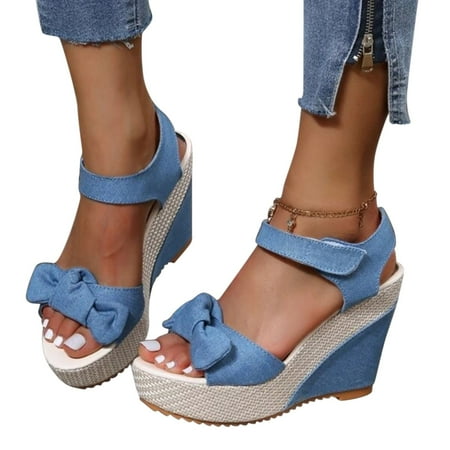 

ZIZOCWA Women Wide Width Sandals Demin Women Platform Sandals Fish Mouth Open Toe Thick Bottom Wedge Hook Loop Bow Decor Sandals 2024 Blue Size6.5