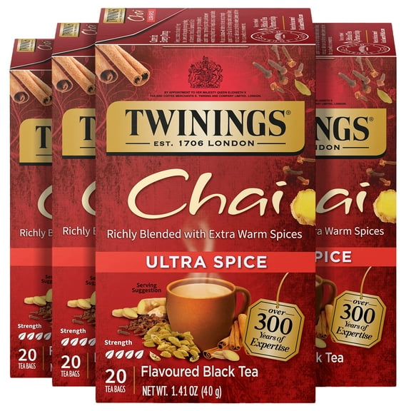 (4 pack) Twinings Of London Ultra Spice Chai Tea Bags, 20 Ct, 1.41 oz.