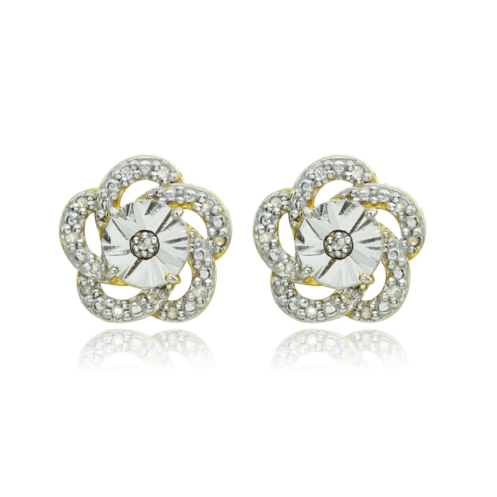 Flower Diamond Accent Small Gold Flash Sterling Silver Stud Earrings, JK-I3