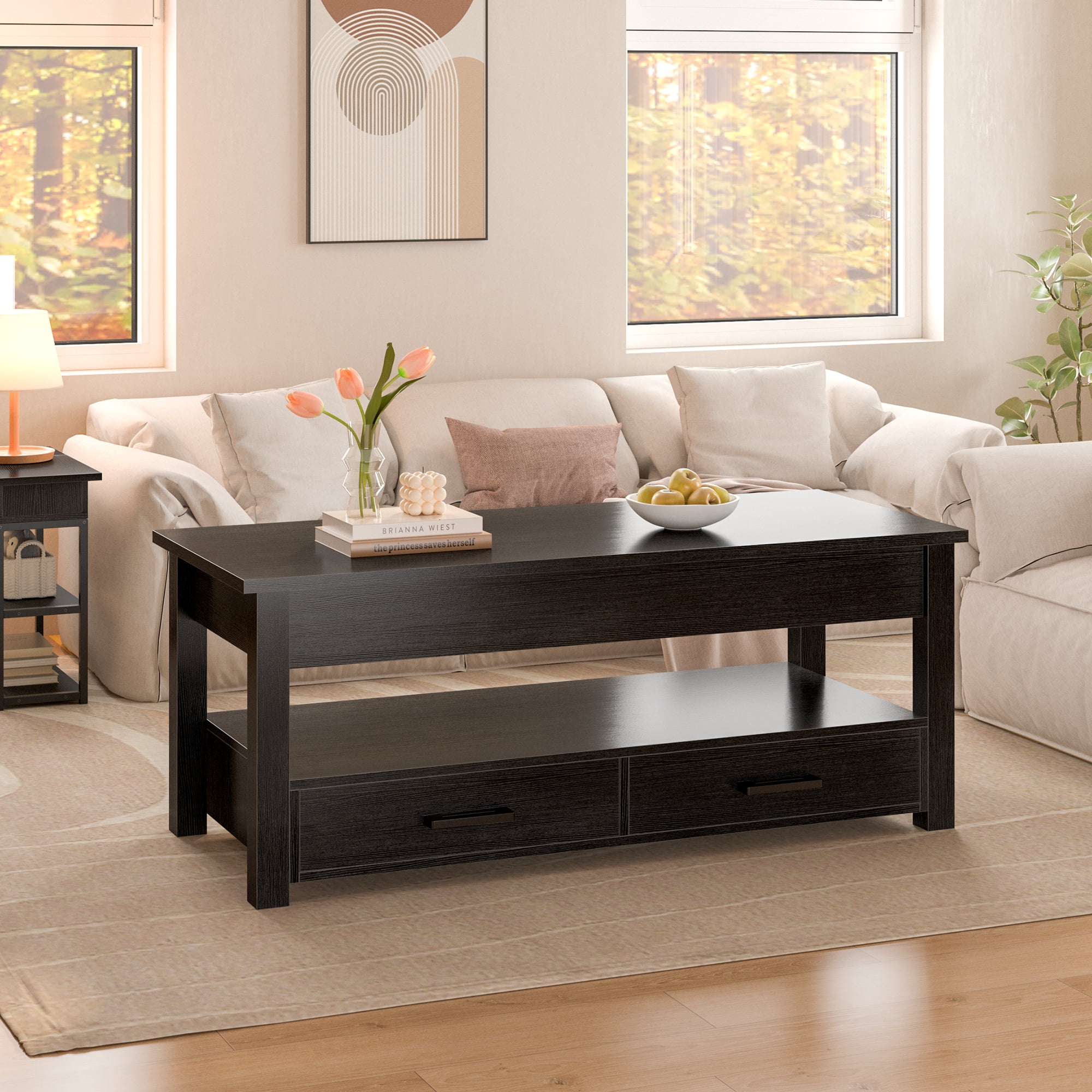 GUNAITO Lift Top Coffee Table with 2 Drawers,Wooden Convertible Coffee Table with Storage for Living Room,Center Table,Black,42"