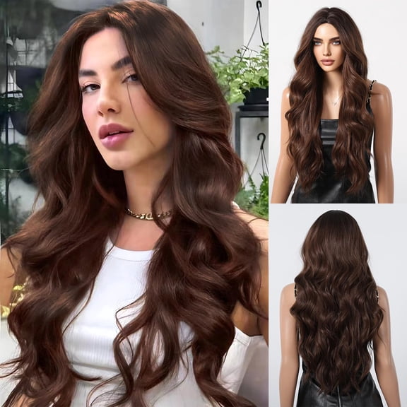 HAIR Brown Wigs for Women, Natural Long Wavy Chestnut Brown 28 Inch Middle Part Synthetic Heat Resistant Wig for Daily Party Date