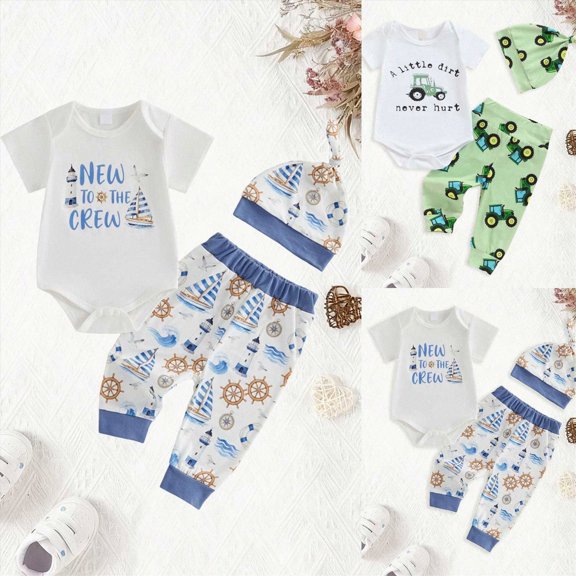 6-9 Months Preemie Boy's Tractor And Fishing Theme Fun Alphabet Suit With Tights And Baby Hat Set Boys And Girls Baby Romper Pajamas Crawling Clothes