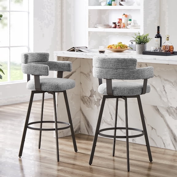 Hausfame 30" Swivel Bar Height Bar Stools, Linen Upholstered Full Back & Durable Metal Footrest, Grey, Set of 2