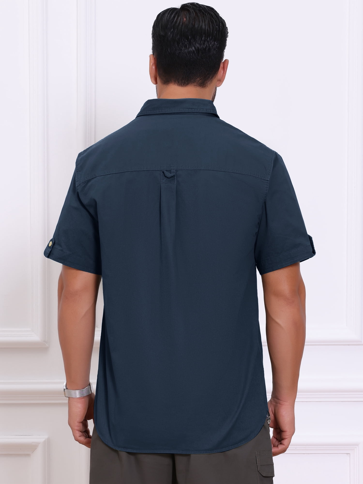 DARING DIVA Men's Fishing Shirt Summer Short Sleeve Hiking Cargo Shirts L Navy Blue