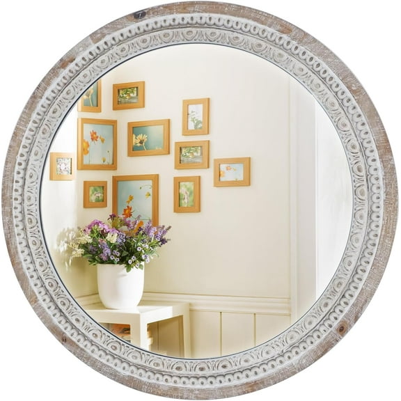 24'' Round Wall Mounted Mirror, Wood Decorative Circle Mirrors, Boho Mirrors with Beaded Frame, Rustic Vanity Mirror, Distressed Mirror for Bathroom, Living Room, Bedroom, Entryway