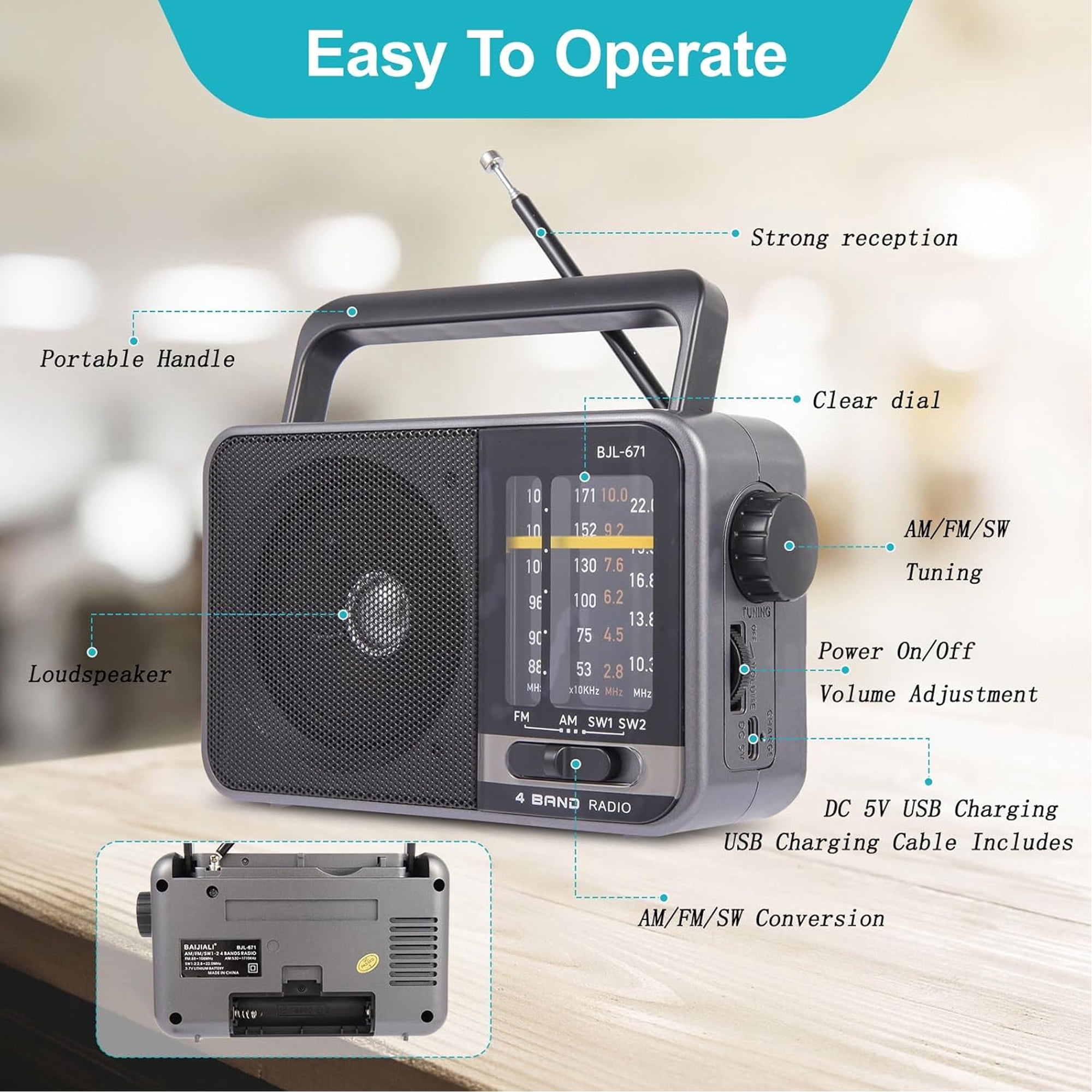 Portable AM / FM Radio,Small Operated Analog Radio,Portable Shortwave Radio,Battery Powered or DC USB,Suitable for Home & Outdoor Use,Small Gifts for Seniors Elderly
