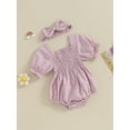 thumbnail image 4 of Musuos Infant Baby Girl Summer Jumpsuit 0-18Months  Solid Color Short Sleeve Square Neck Shirred Romper with Bow Headband, 4 of 10