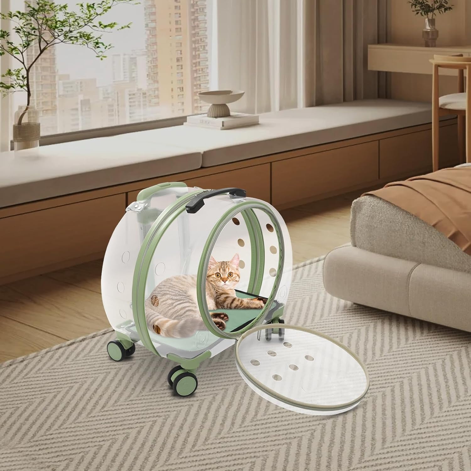 Miumaeov Cat Carrier with Rolling Wheels, Clear Pet Trolley Case Pet Backpack with Multiple Ventilation Holes for Cats and Dogs, Green
