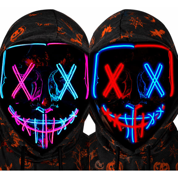JEEXI Light Up Halloween Mask, EL Wire Neon Face Mask with 3 Lighting Modes, One-Button Control, Lightweight PVC Costume Mask for Parties, Festivals and Cosplay, Assorted Multicolor