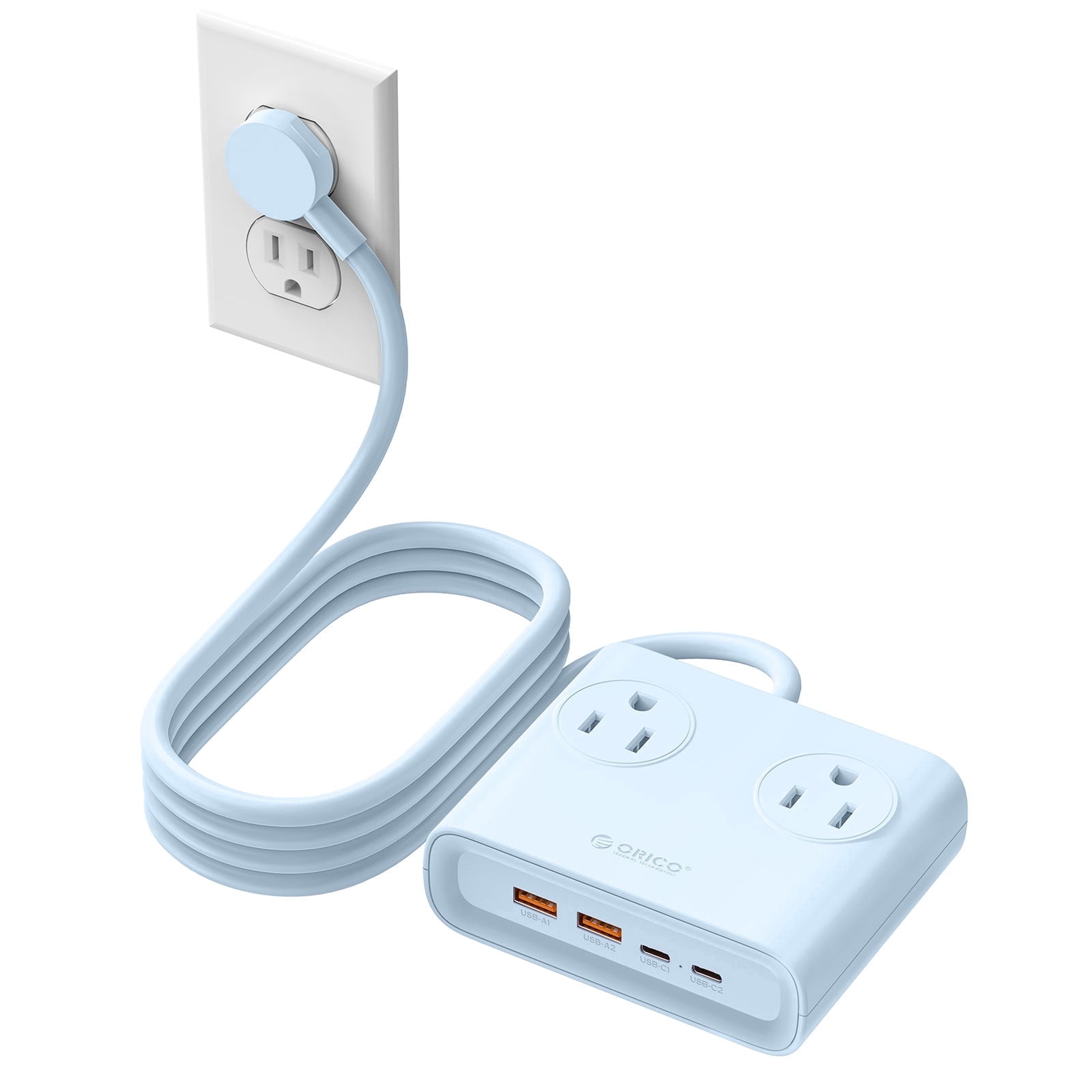 ORICO 25W GaN 8-in-1 Power Strip with 4 AC Outlets & 4 USB Ports (USB-A/USB-C), 5ft Flat Plug Outlet Extender for Home Office Travel(BLUE)