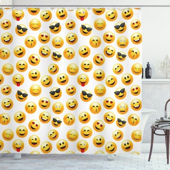 Emoji Shower Curtain, Smiley Face Character Illustration Feeling Happy Surprised Cool and In Love, Fabric Bathroom Set with Hooks, 69W X 70L Inches, Yellow Red Black, by Ambesonne