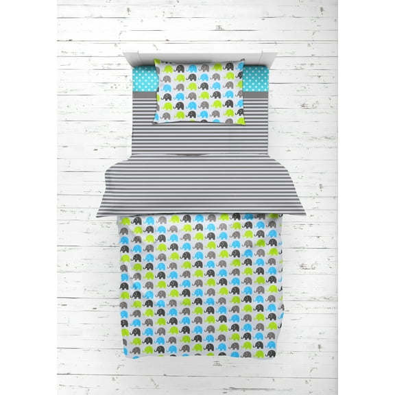 Bacati - Elephants 4-Piece Toddler Bedding set 100% Cotton percale, Aqua/Lime/Gray