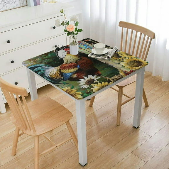HAOXIT Elastic Edged Tablecloth Square Flower Wipeable Table Cover Wood Farm Rural Washable Oil-Proof Table Cover up up to Square Tables 44''x44''
