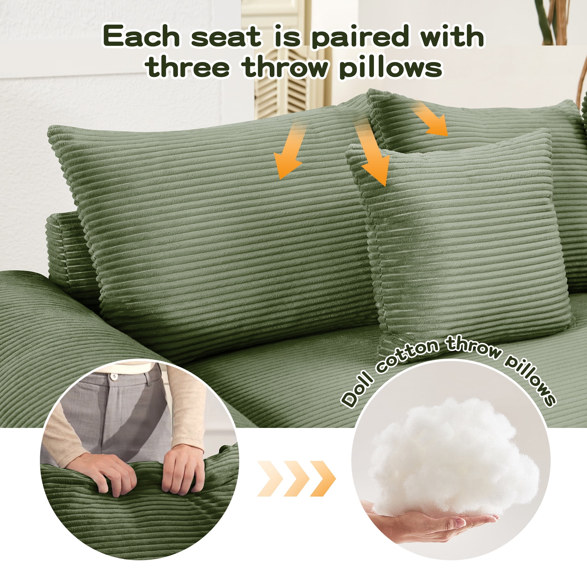Anpport 170" Oversized Cloud Modular 4-Seater Green Corduroy Sofa, 12 Throw Pillows Included, Washable Removable Covers, Double-Layer Thick Cushions, Wide Armrest