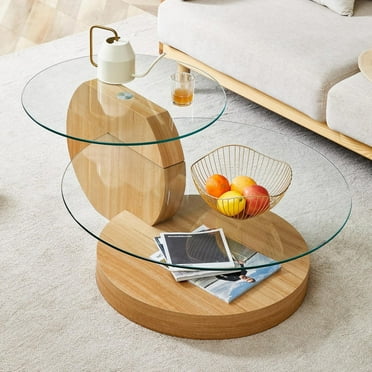 Sudica Modern Coffee Table with Double-layer Round Glass Tabletop,55.1" Tea Table with Light Wood Grain Base,Center Table for Living Room