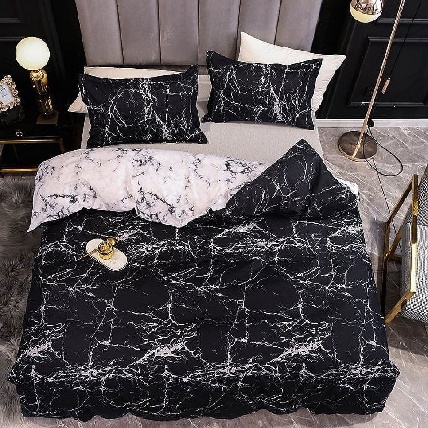 3 Pcs King Boho Duvet Cover, Black Marble Pattern Printed Bohemian Comforter Cover Bedding Set