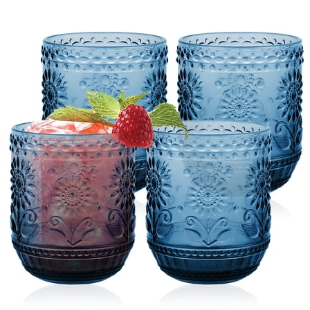 4Pack 350ml Vintage Blue Drinking Glasses, 12oz Heavy Duty Glassware with Floral Embossed Design , Tumblers for Whisky, Beer, Juice, Wine, Decorative Beverage Cups for Home & Parties