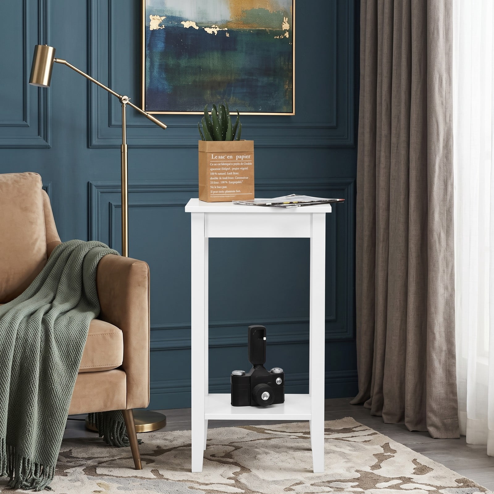 Furnibear Set of 2 2-Tier End Tables with Storage Shelf, Narrow Wood Nightstand Side Table for Living Room Bedroom Small Spaces, Sofa Couch Bedside Accent Table, White