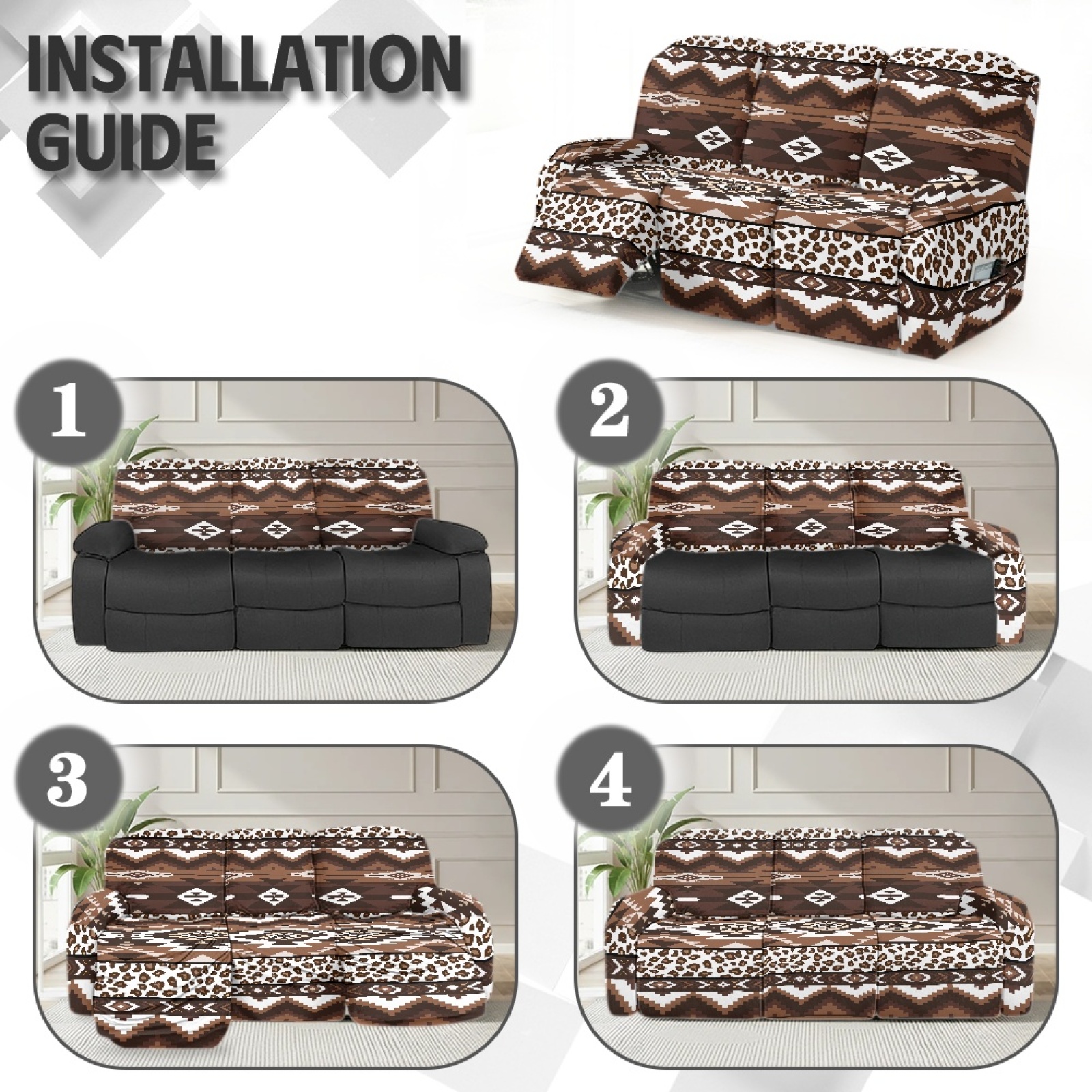 COEQINE Reclining Sofa Cover Breathable 3 Seater Couch Chair Cover 8 Pieces Stretch Recliner Chair Cover Stay in Place Lazy Boy Chair Slipcover Home Decor, American Tribal Brown Leopard Print