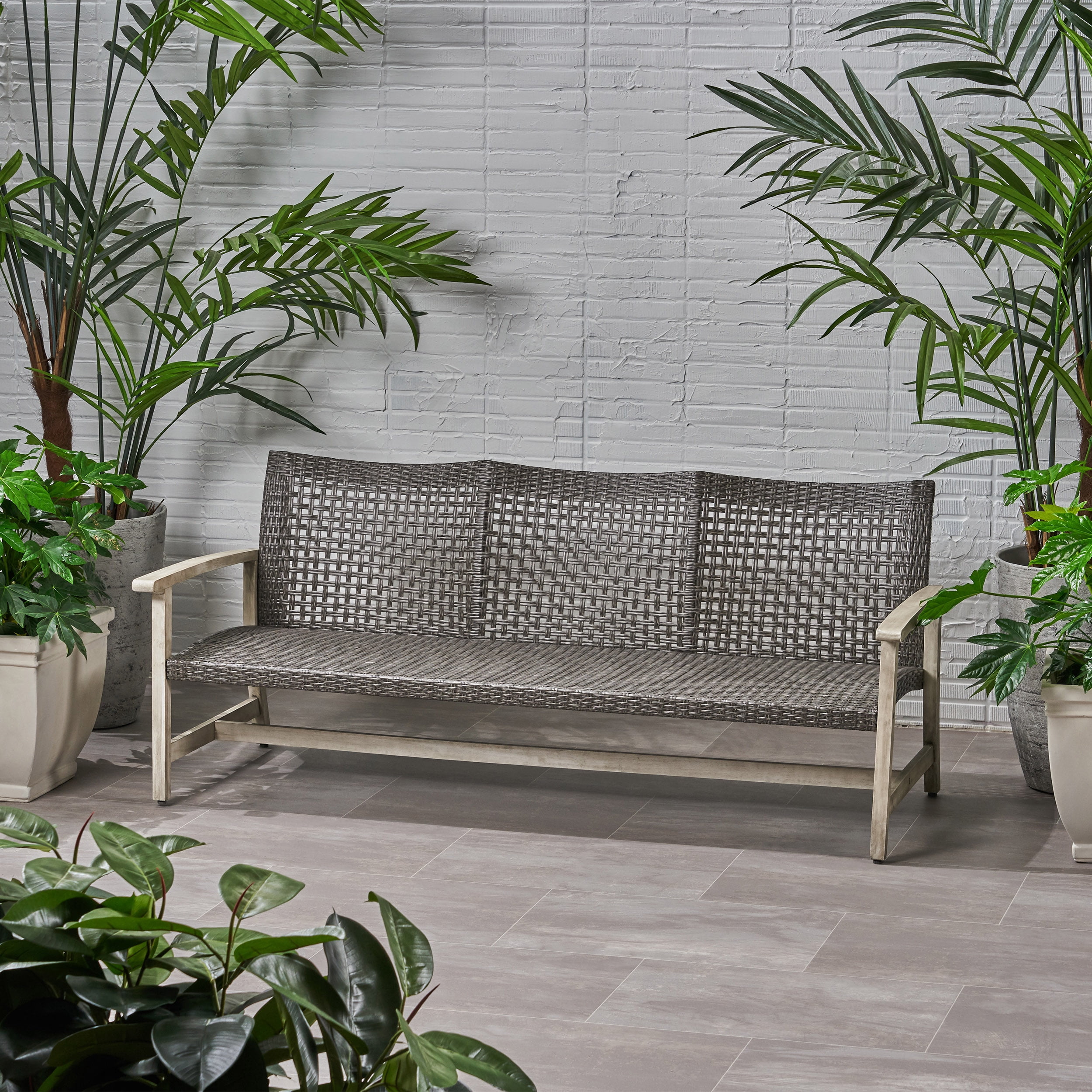 Euroco Outdoor 3-Seater Sofa with Wicker Seat, Acacia Wood Frame, and Iron Base – Weather-Resistant Patio Couch